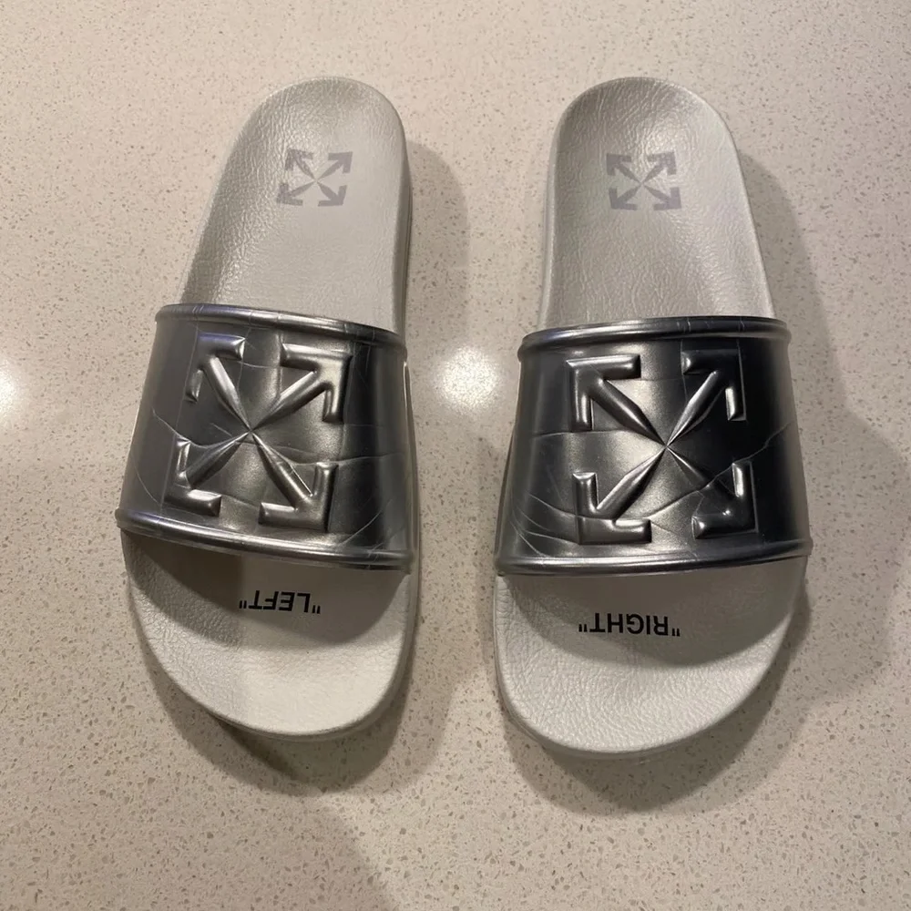 Off-White Mens Arrow Slides Mirror Silver Slip-On Sandal Shoes Size EU 43/US 10
